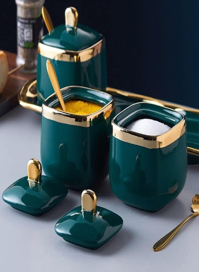 JRM 3Pcs Condiment Jar Condiment Seasoning Pot with Ceramic Tray, Serving Spoon and Lid for Tea Sugar Coffee Salt Pepper and Spices (Green) - Image 2